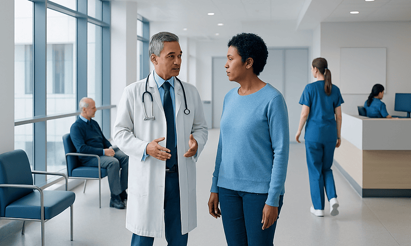 Doctor consulting patient in hospital corridor with staff in background.