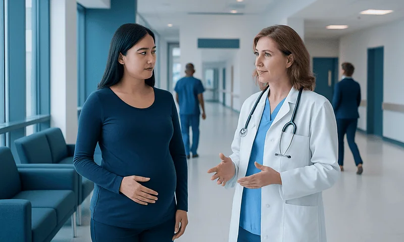 HELLP Syndrome in Pregnancy: Warning Signs, Emergency Treatment, and Maternal Risks 9 Doctor consulting pregnant woman in hospital corridor.