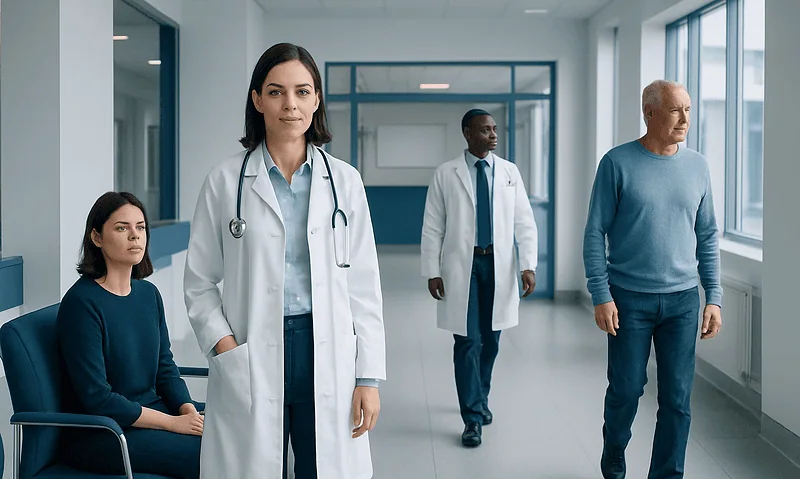 Medical team in hospital corridor with doctor and patients.