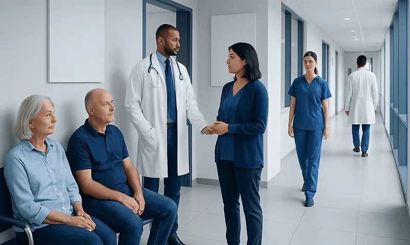 Medical team consulting with elderly patients in hospital corridor.