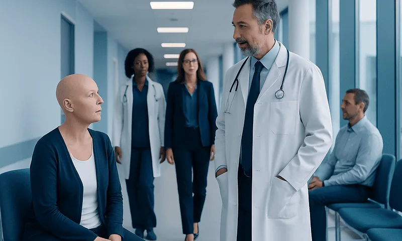 What Is Hematology Oncology? Blood Cancer Care Explained 15 Doctor consulting a patient in a hospital corridor with medical staff in background.