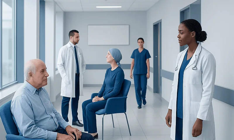 Medical team consulting with a patient in a hospital corridor.