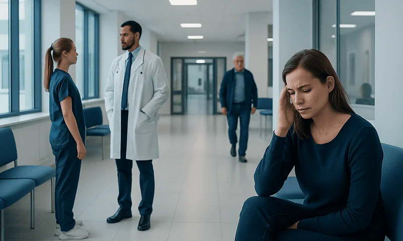 Patient experiencing headache in hospital corridor with medical staff nearby.