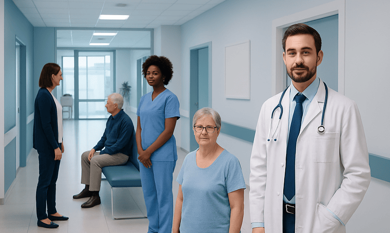 Medical team and patients in a hospital corridor at Acibadem Hospitals Group.