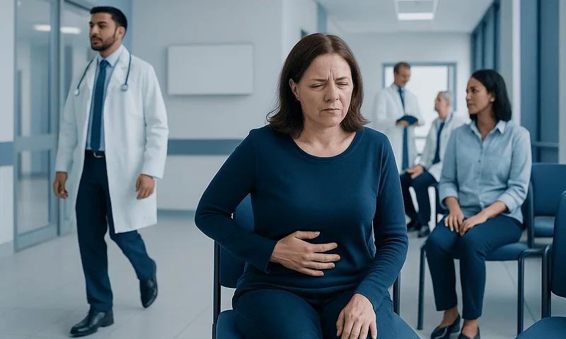 Woman experiencing abdominal pain in a hospital waiting area.