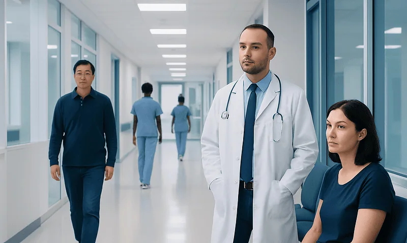 Medical team in hospital corridor with doctor and patient.