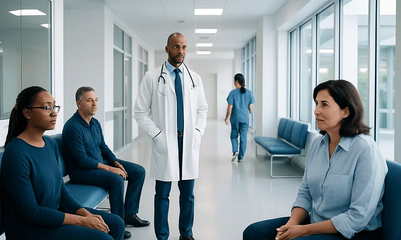 Doctor consulting patients in a hospital corridor with waiting area.