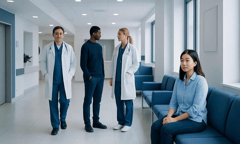 Medical team discussing patient care in hospital corridor.
