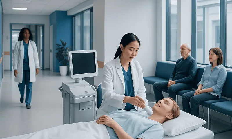 HIFU Treatment: How High-Intensity Focused Ultrasound Works 12 Medical professional preparing patient for HIFU treatment in a modern clinic.