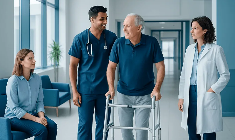 Elderly man with walker receiving support from healthcare professionals in hospital.