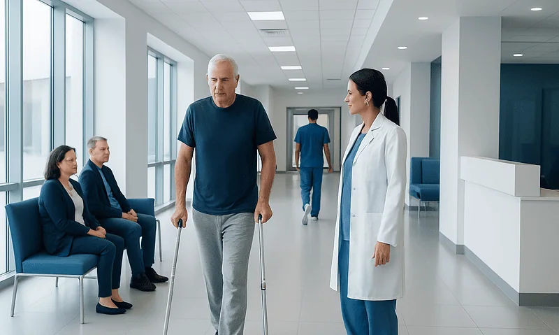 Hip Replacement Recovery: Walking, Pain Control, and Rehabilitation 4 Elderly man walking with crutches in hospital corridor with medical staff nearby.