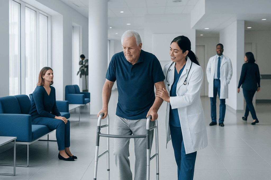 Hip Replacement Recovery: Timeline and Tips 1 Senior man walking with walker in hospital with medical staff and patients nearby.