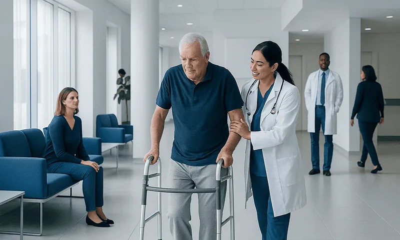 Hip Replacement Recovery: Timeline and Tips 1 Senior man walking with walker in hospital with medical staff and patients nearby.