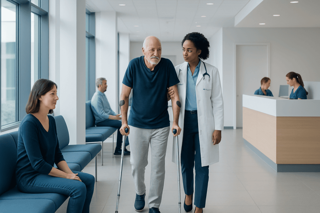 Hip Replacement Recovery: Milestones, Pain Control, and Walking Again 1 Elderly man walking with crutches assisted by a nurse in hospital corridor.