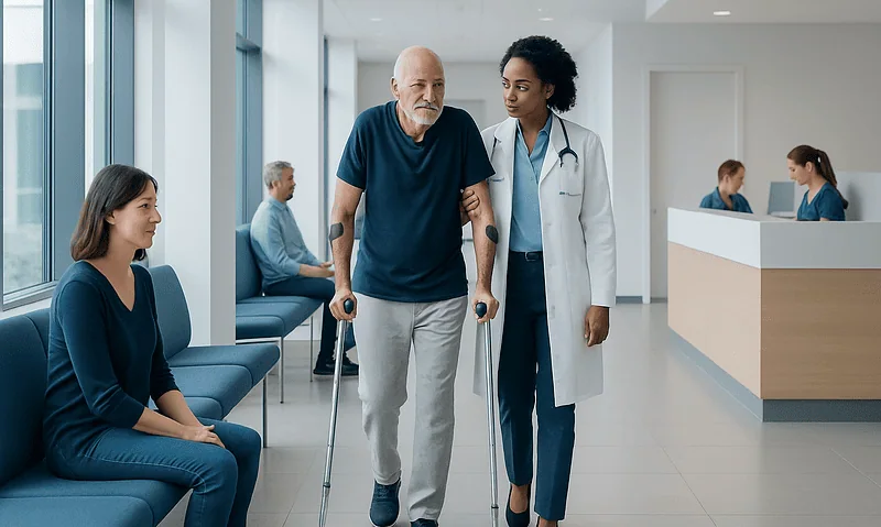 Elderly man walking with crutches assisted by a nurse in hospital corridor.