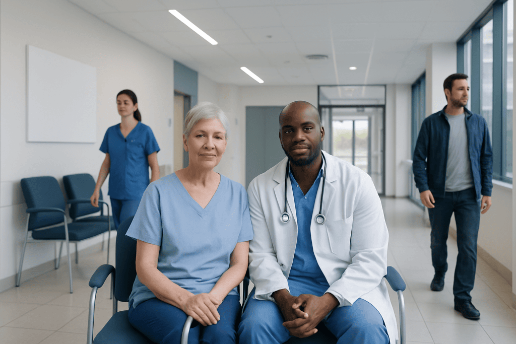 Hip Replacement Surgery: Candidates, Risks, and Expected Results 1 Medical team with elderly patient in hospital corridor.