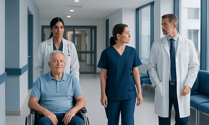 Hospital staff consulting with elderly patient in hospital corridor.