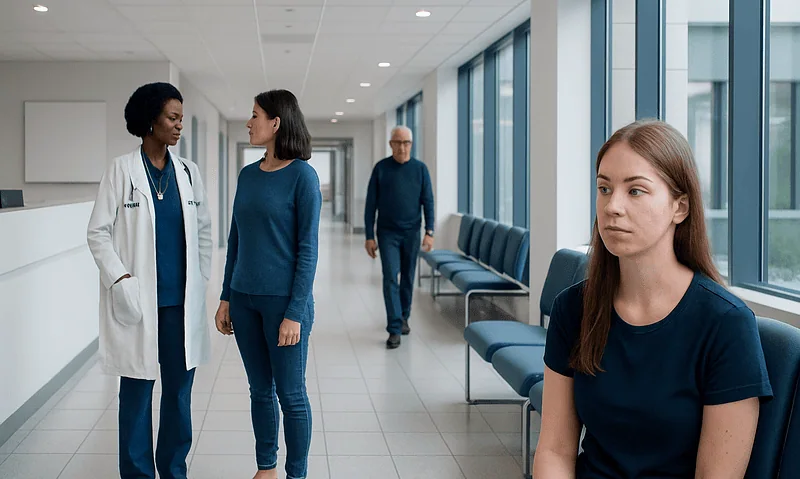Young woman waiting in hospital corridor with medical staff and visitors.