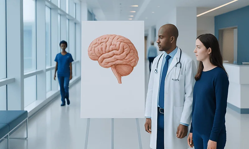 Human Brain Anatomy: A Visual Guide to Major Regions 16 Medical professionals examining a brain diagram in a hospital corridor.