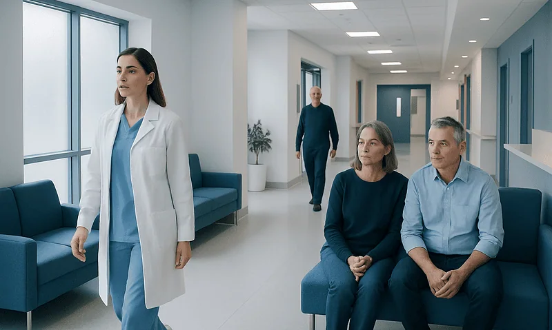 Medical staff and patients in a hospital corridor at Acibadem Hospitals Group.