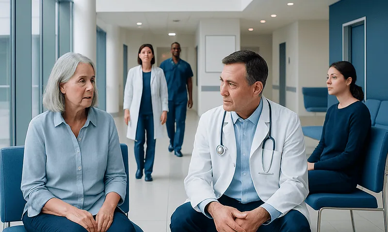 Doctor consulting with an elderly woman in a hospital corridor.