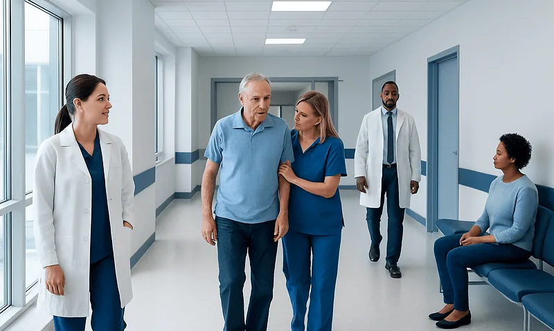 Health Library 13 Medical team assisting an elderly patient in hospital corridor.