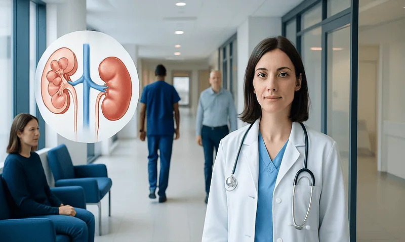 Doctor in hospital corridor with kidney illustration for hydronephrosis.