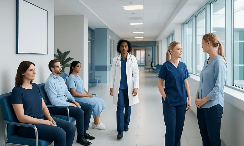 Hymenoplasty: What It Is, How It Is Done, and Recovery After Surgery 8 Medical team and patients in a hospital corridor.