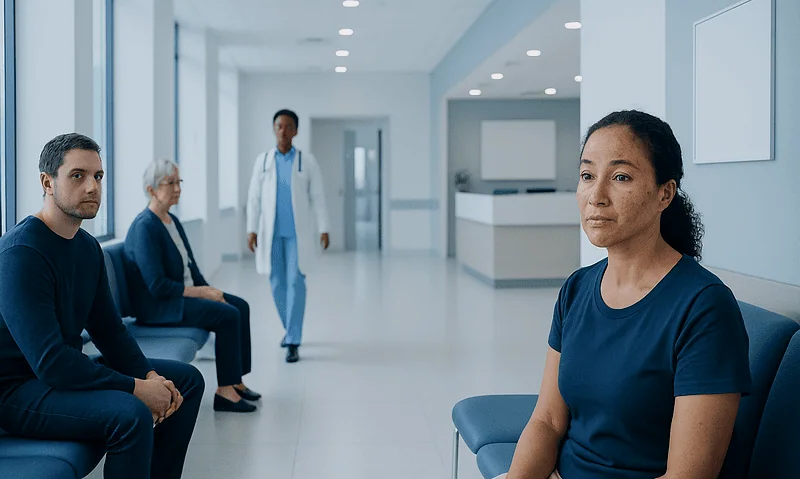 Patients waiting in a modern hospital corridor with a healthcare professional present.