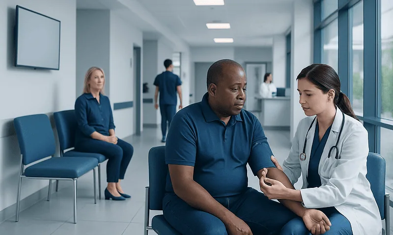 Doctor checking blood pressure of a patient in a hospital corridor.