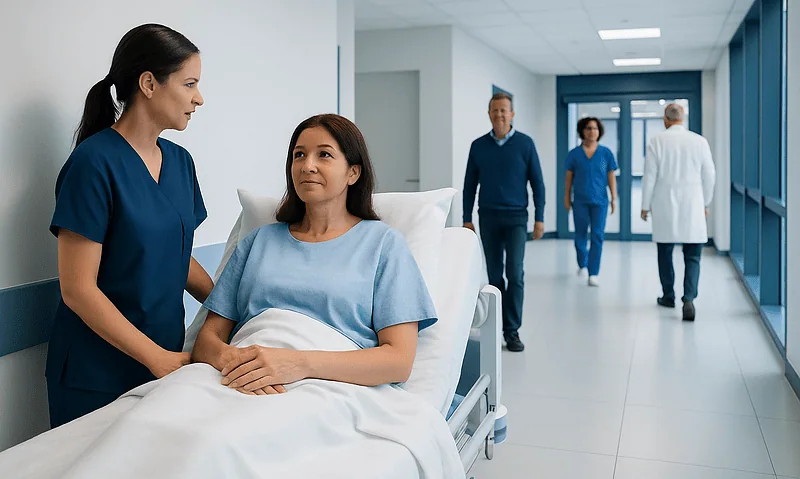 Hysterectomy Recovery: Hospital Stay, Healing, and Aftercare 16 Patient in hospital bed with nurse and medical staff in corridor.