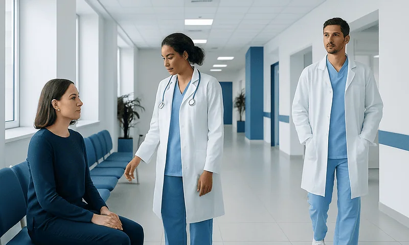 Hysteroscopy: How It Works and When It Is Recommended 10 Medical consultation in hospital corridor with doctors and patient.