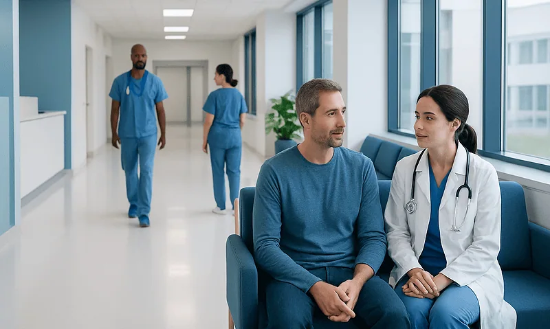 Hospital consultation with doctor and patient in a modern healthcare facility.