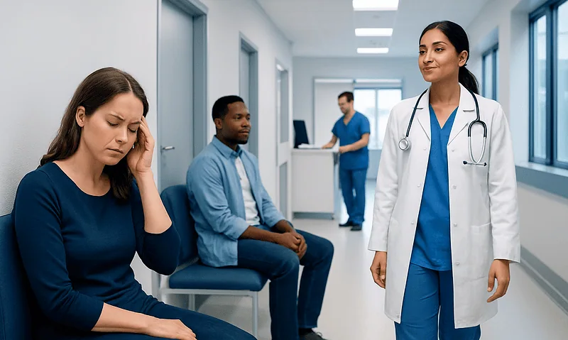 Patient experiencing headache in a hospital corridor with medical staff nearby.