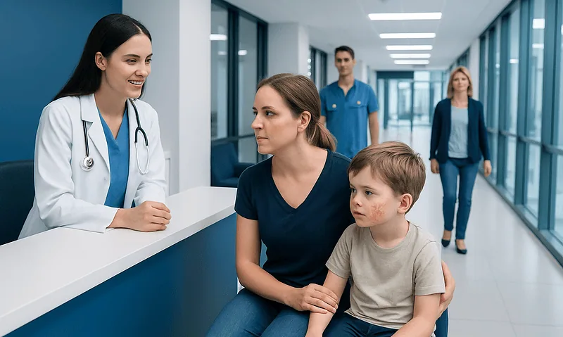 Pediatric consultation at Acibadem Hospital with doctor and mother with child.