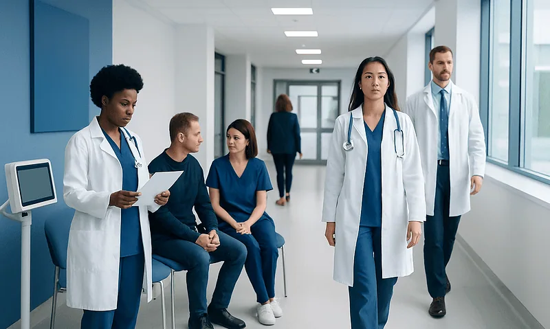 Medical professionals and patients in a hospital corridor.