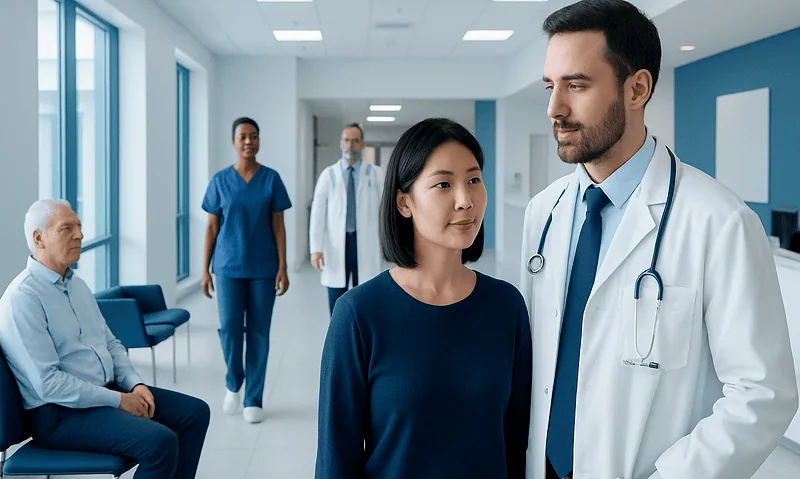 Doctor consulting a patient in a hospital corridor with staff in the background.