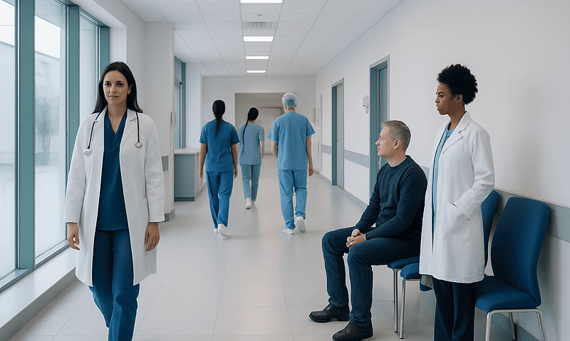 Healthcare professionals and patient in a hospital corridor.