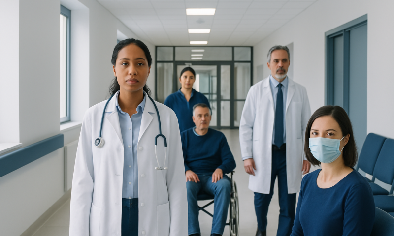 Medical team in hospital corridor with diverse healthcare professionals and patient.