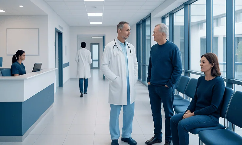 Doctor consulting with patient in hospital corridor with waiting patients.