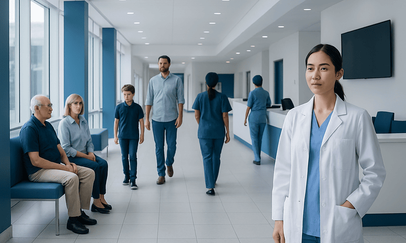 Healthcare professionals and patients in a modern hospital corridor.