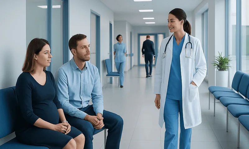 Doctor talking to patients in a hospital corridor.