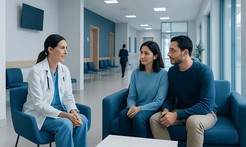 Doctor consulting with a couple in a modern hospital waiting area.