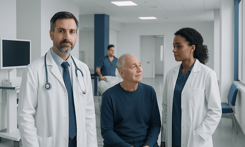 Medical team consulting with a patient in a hospital setting.