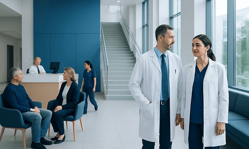 Doctors consulting with patients in a modern hospital lobby.