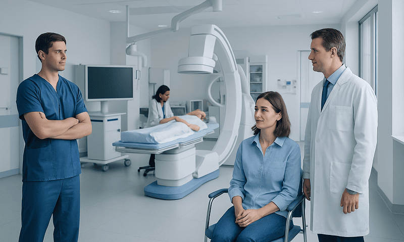 Medical team preparing for interventional neuroradiology procedure at Acibadem Hospital.