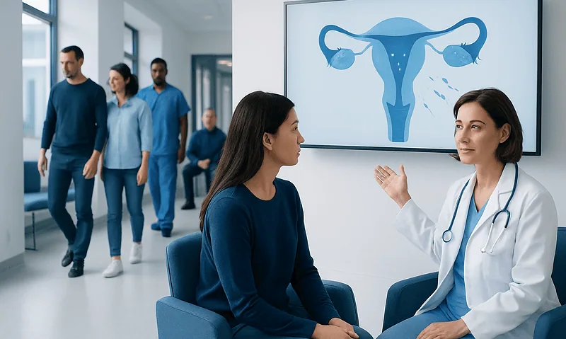 Fertility specialist explains reproductive health to patient in clinic.