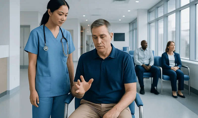 Doctor consulting with a patient in a hospital corridor.