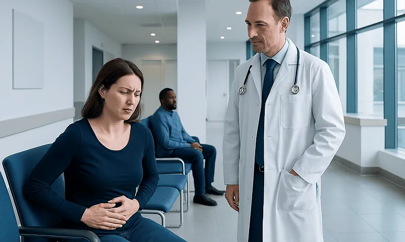 Doctor consulting a woman with abdominal pain in a hospital corridor.