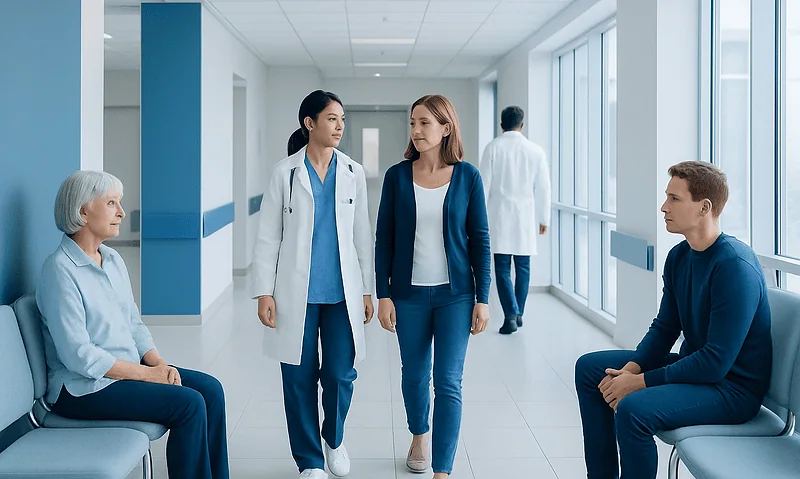 Hospital corridor with patients and medical staff engaging in conversation.